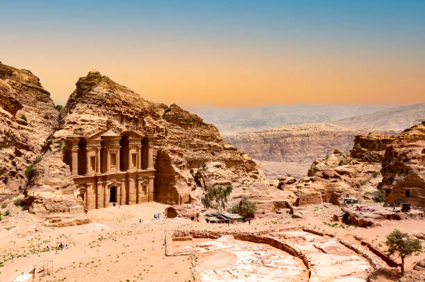 The Monastery or Ad Deir at beautiful sunset in Petra ruin and ancient city of Nabatean kingdom, Jordan, Arab, Asia
